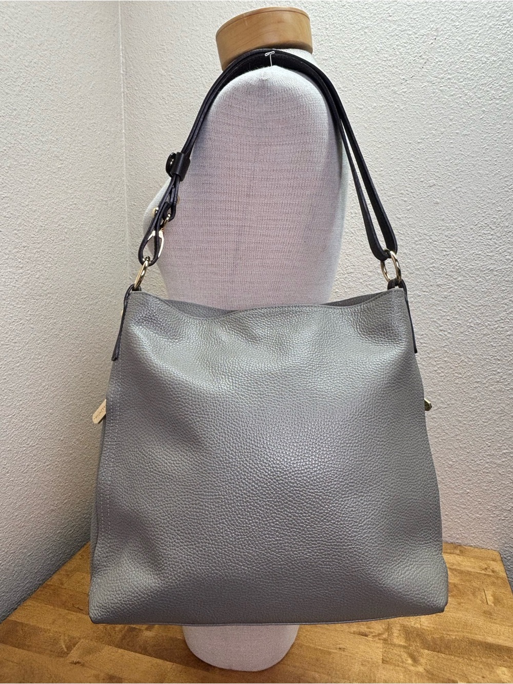 Valentina Gray Pebbled Leather Shoulder Bag with Black Strap - Picture 2 of 15